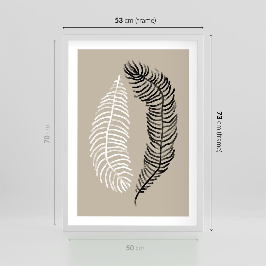 Plakat w ramie 50x70 - Spleciona Harmonia - sztuka nowoczesna, białe i czarne pióro - rama biała