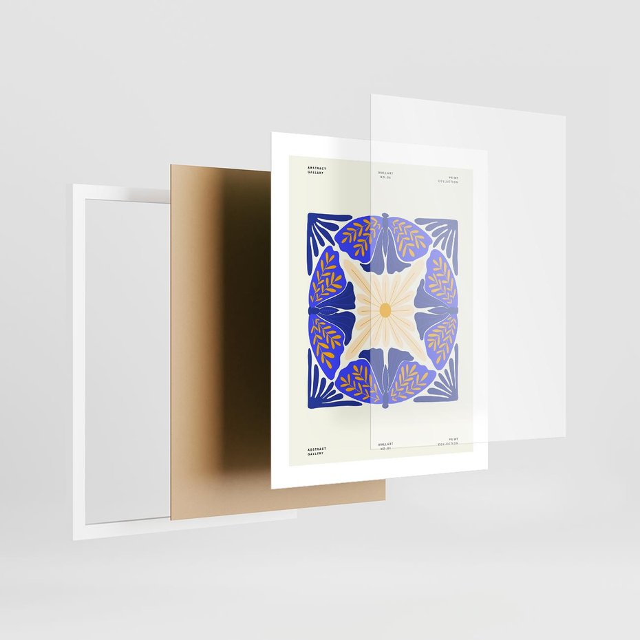 Plakat w ramie 40x50 - Księga Abstrakcji - abstrakcyjna boho kompozycja, granatowe ćmy - rama biała