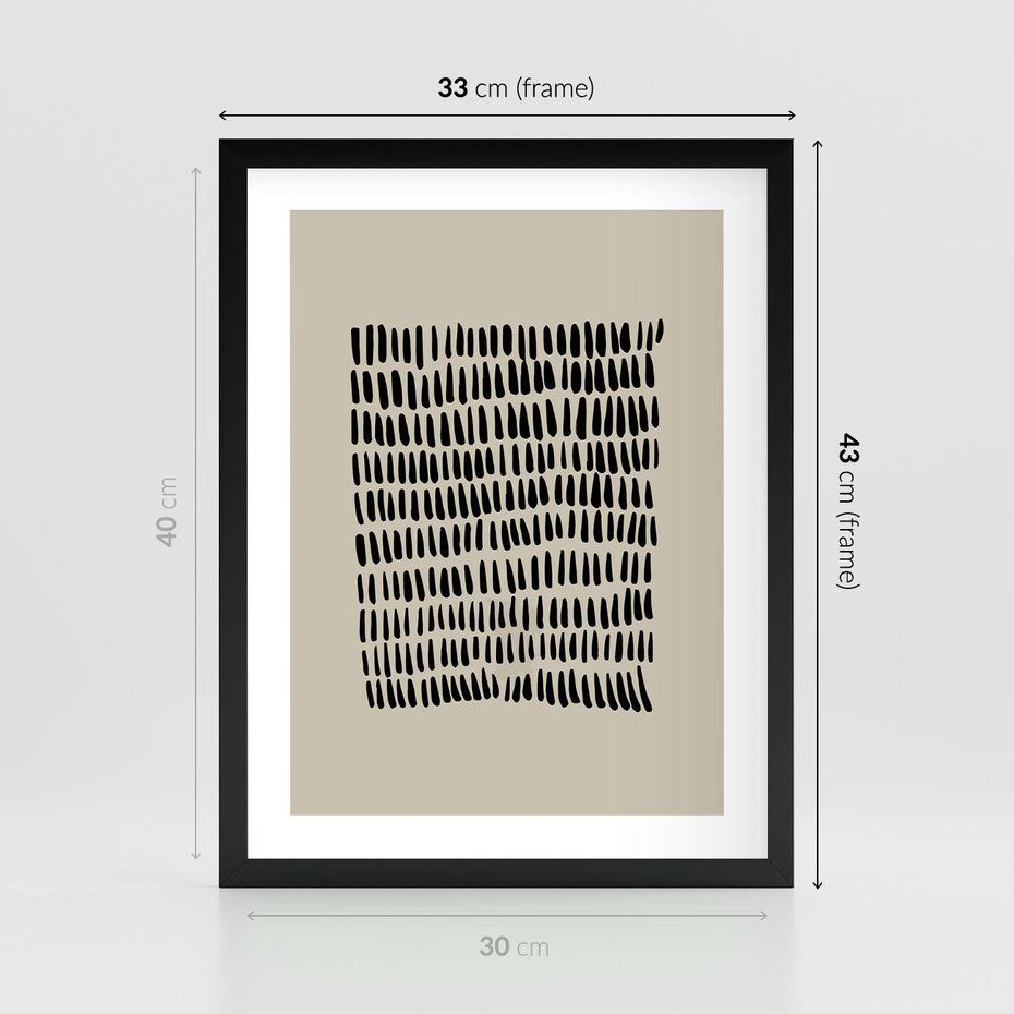 Plakat w ramie 30x40 - Energetyczne Pulsacje Nowości - boho plakat, czarne kropki kreski - rama czarna