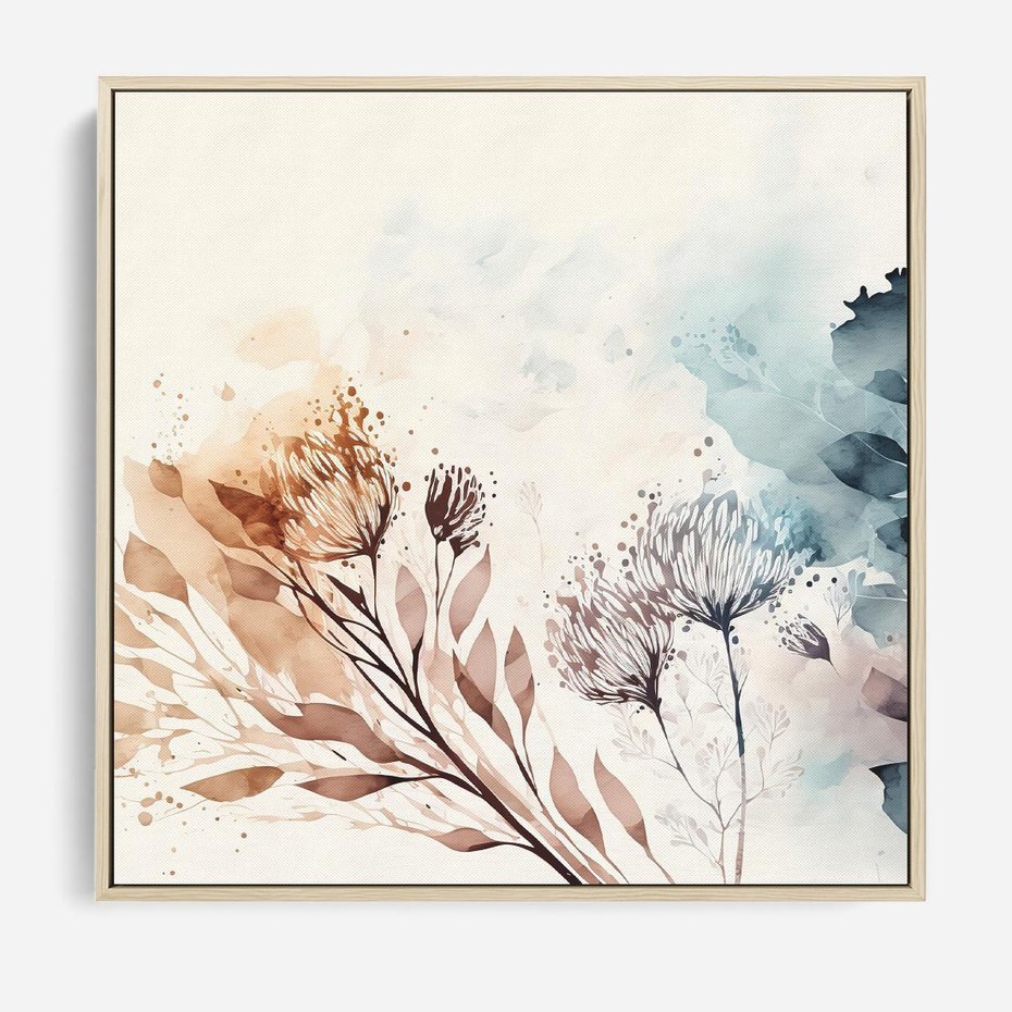 Obraz w ramie 80x80 - Nostalgiczne tańce pędzla - akwarelowe kwiaty, gałęzie - rama drewno
