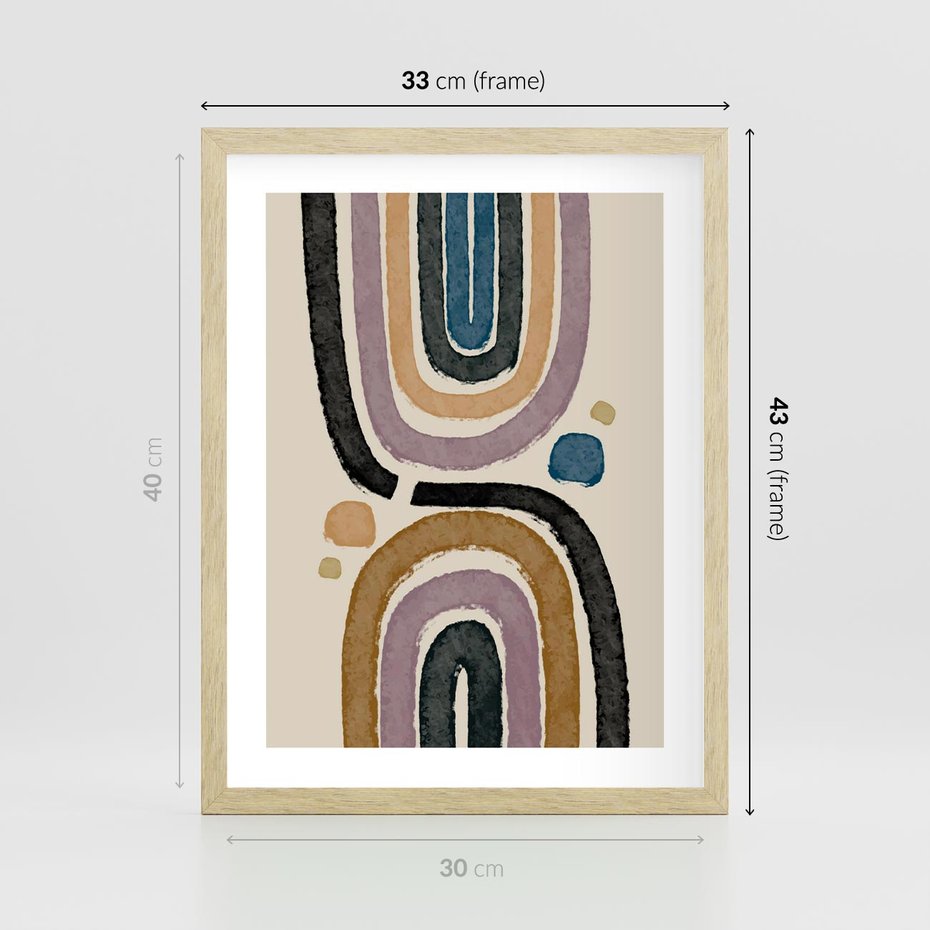 Plakat w ramie 30x40 - Taniec Przenikających Kształtów - abstrakcyjne tęcze, kompozycja - rama drewno