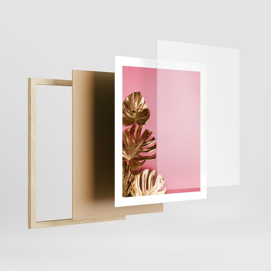 Plakat w ramie 40x50 - Luksusowa Elegancja - złote, liście - rama drewno