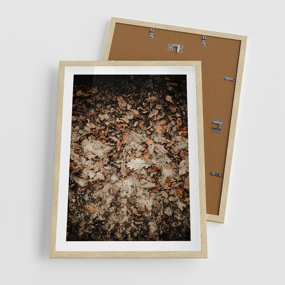 Plakat w ramie 50x70 - Suchość Liści w Brązowych Tonach - suche liście jesień brąz - rama drewno