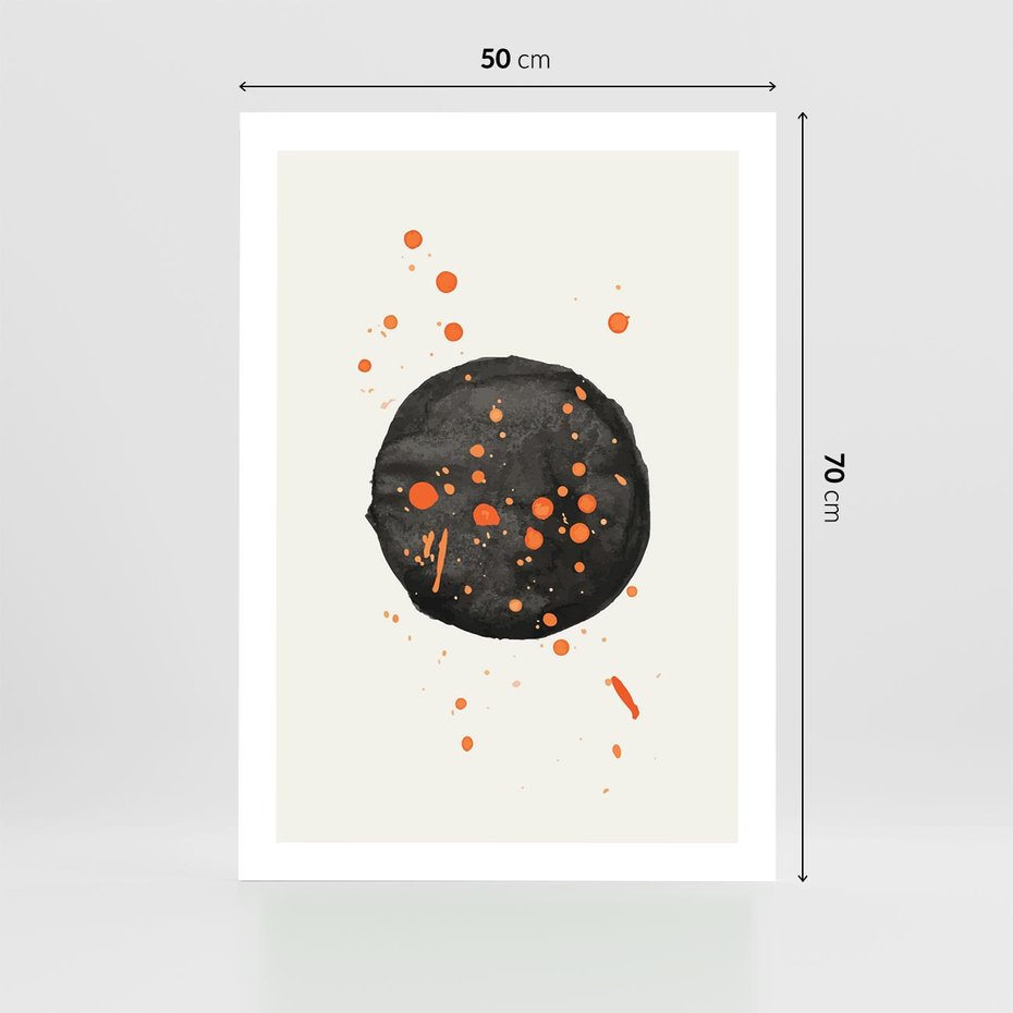 Plakat bez ramy 50x70 - Impulsy Kreatywności - abstrakcyjna czarna plama, rozsiane pomarańczowe kropki