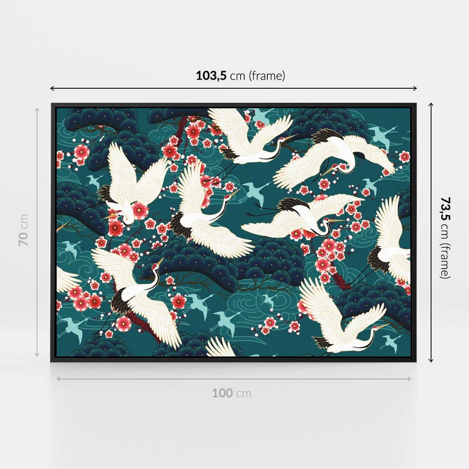 Obraz w ramie 100x70 - Żurawie Wachlarze - orientalne japońskie żurawie, grafika - rama czarna