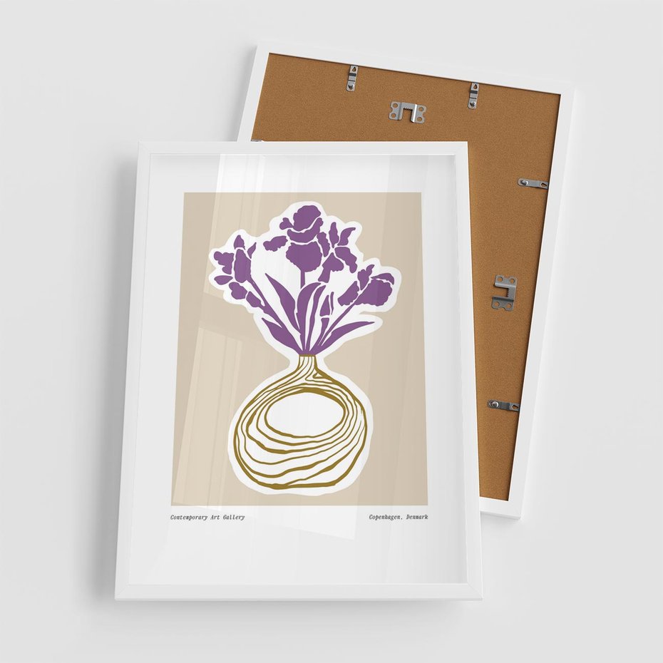 Plakat w ramie 50x70 - Migocące Anomalie - abstrakcyjne liście, kwiaty tropikalne w wazonie - rama biała