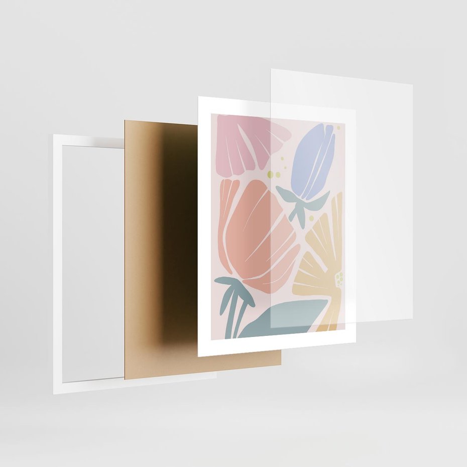 Plakat w ramie 40x50 - Rozkwitające Harmonie Natury - pastelowe kwiaty, na beżowym tle - rama biała