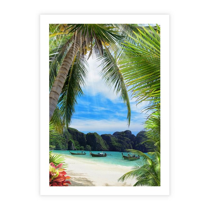 Plakat bez ramy 21x30 - Palmy tańczące na tropikalnej plaży - palmy, plaża