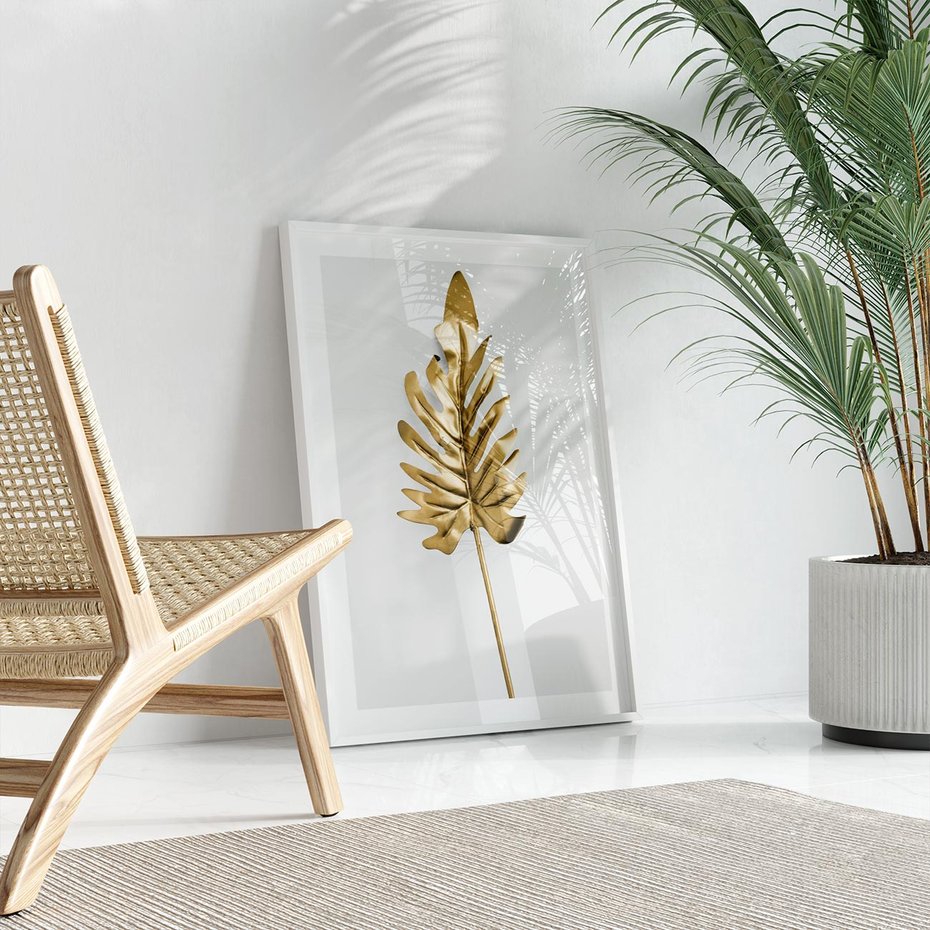 Plakat w ramie 50x70 - Ponadczasowy Urok - złote, liście - rama biała