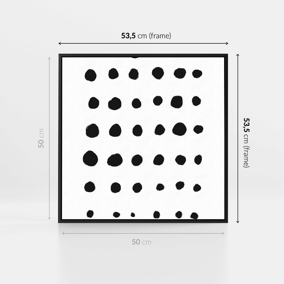 Obraz w ramie 50x50 - Refleksje Światła - minimalistyczna kompozycja, czarne kropkina białym tle - rama czarna