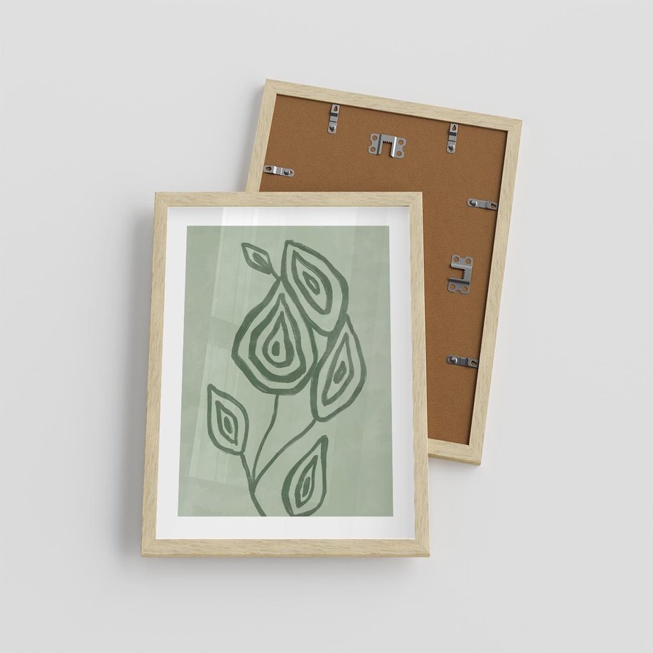 Plakat w ramie 30x40 - Szmaragdowy Oddech - abstrakcyjne delikatne zielone linie, podobne do gałęzi kwiatów - rama drewno
