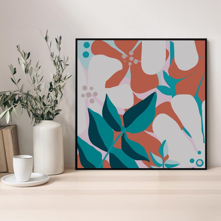 Obraz w ramie 50x50 - Harmonijne Formy - abstrakcyjna kompozycja kwiatowych form, kolor zgaszone - rama czarna