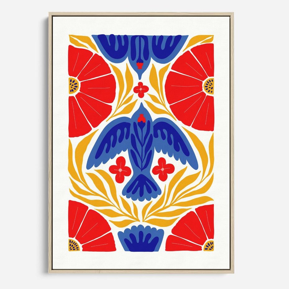 Obraz w ramie 80x120 - Eklektyczny Majestat - wyrazista grafika, mocne kolory czerwień niebieski żółty - rama drewno