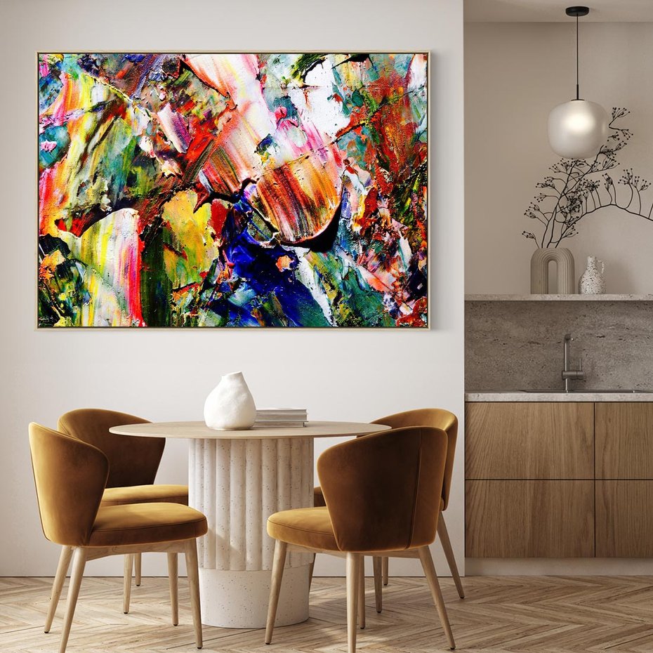 Obraz w ramie 120x80 - Szalejące ognie kolorów - abstrakcja, farby olejne - rama drewno