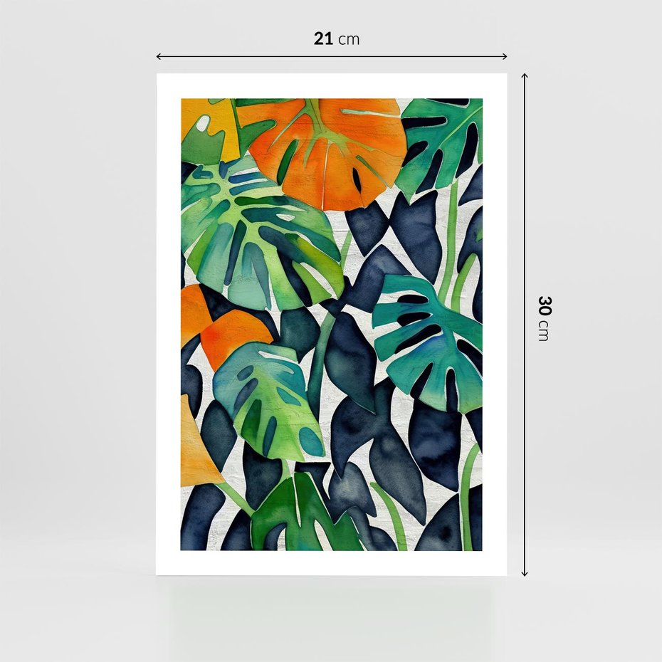 Plakat bez ramy 21x30 - Tropikalne Pragnienia - akwarela, liście tropikalne