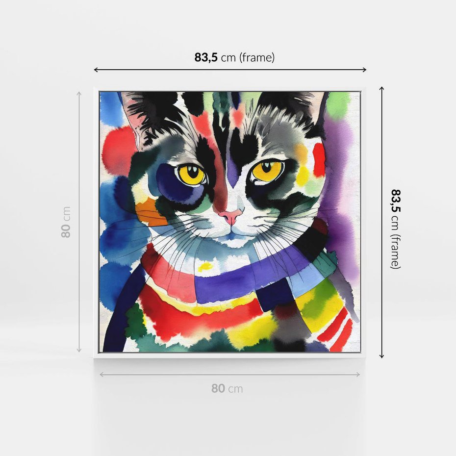 Obraz w ramie 80x80 - Koci Przyjaciel - abstrakcyjny obraz, akwarela - rama biała