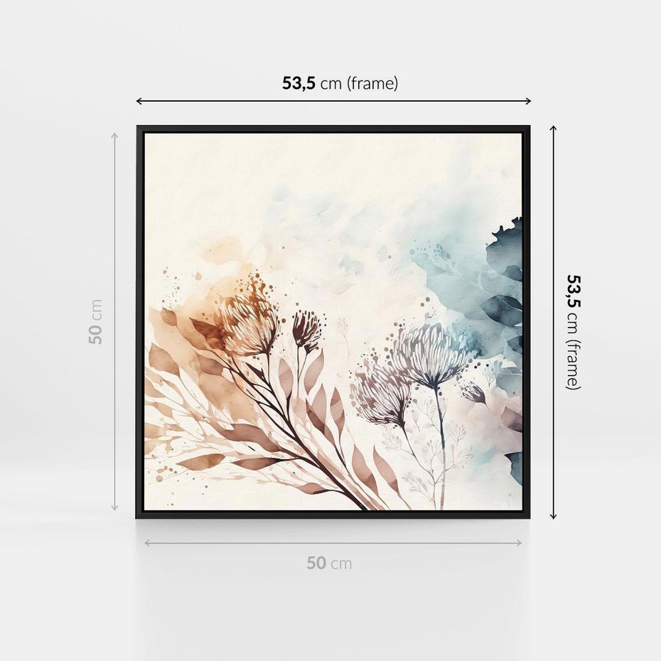 Obraz w ramie 50x50 - Nostalgiczne tańce pędzla - akwarelowe kwiaty, gałęzie - rama czarna