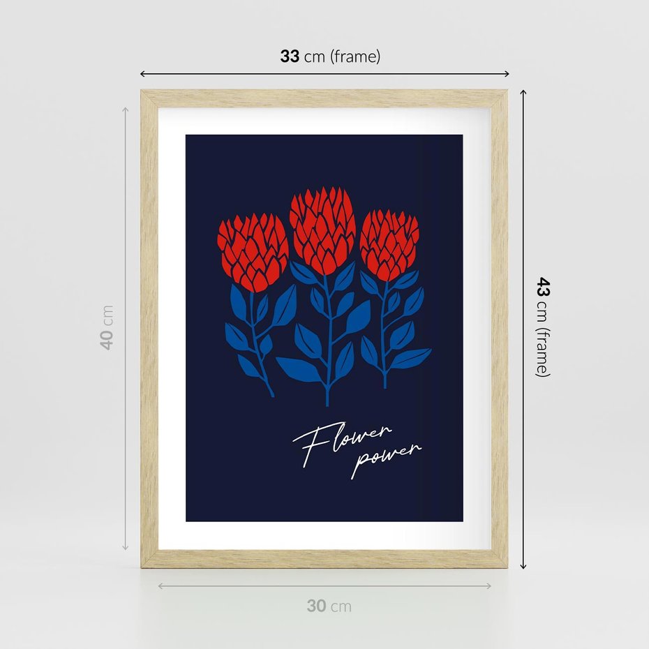 Plakat w ramie 30x40 - Podróżne Barwy - czerwone abstrakcyjne kwiaty, granatowe tło - rama drewno