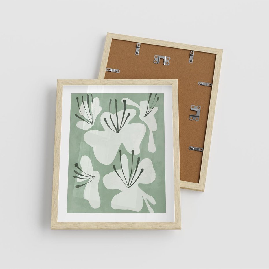 Plakat w ramie 40x50 - Rozkwitające Ukojenie - zgaszona zieleń, kwiaty - rama drewno