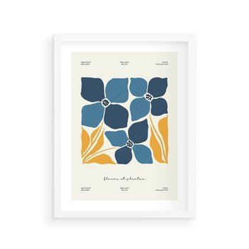 Plakat w ramie 30x40 - Błękitne Nowości - niebieskie kwiaty, nowoczesna sztuka - rama biała