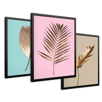 Zestaw obrazy w ramie 50x70 galeria - Złote, liście, palma, pastelowe, gold - rama czarna