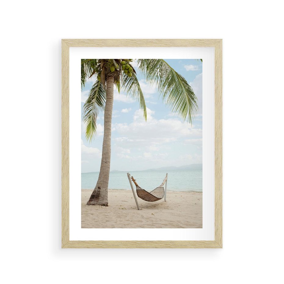 Plakat w ramie 30x40 - Relaks na plaży - palma, hamak - rama drewno
