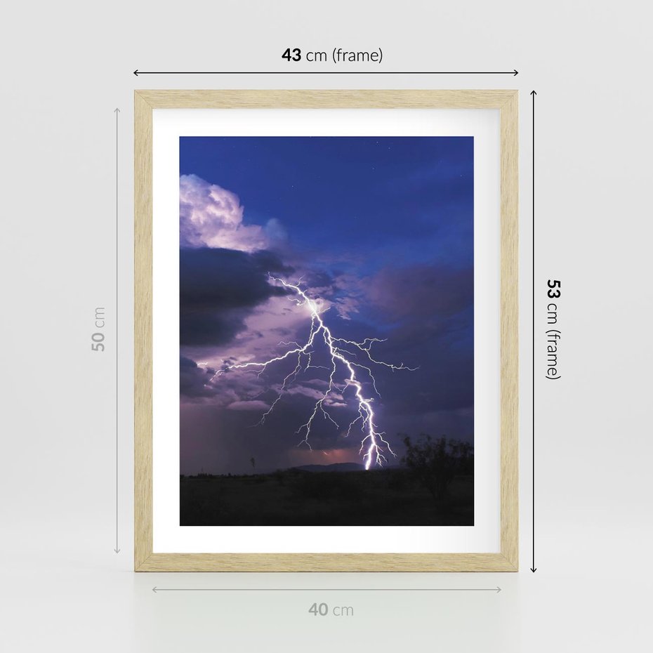 Plakat w ramie 40x50 - Burza z błyskawicami nad horyzontem - burza, błyskawica - rama drewno