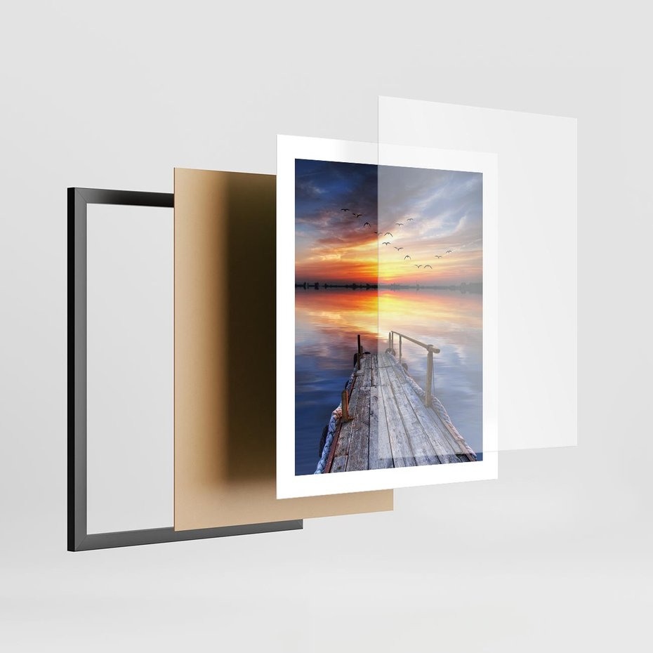 Plakat w ramie 40x50 - Zachód słońca na pomostcie - pomost, zachód - rama czarna