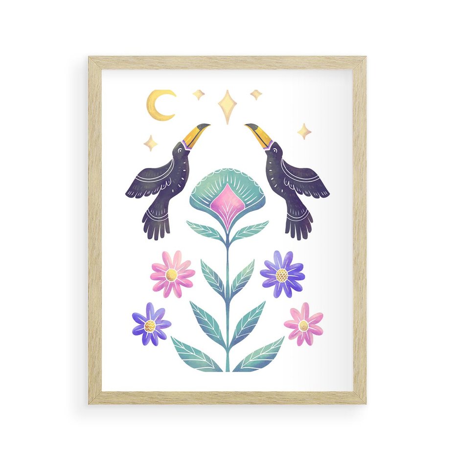 Plakat w ramie 40x50 - Przenikająca Dżungla - boho plakat, tukany - rama drewno