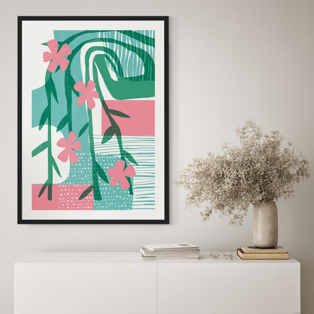 Plakat w ramie 50x70 - Rozkwitające Harmonie Form - abstrakcyjne pastelowe kwiaty, nowoczesna sztuka - rama czarna