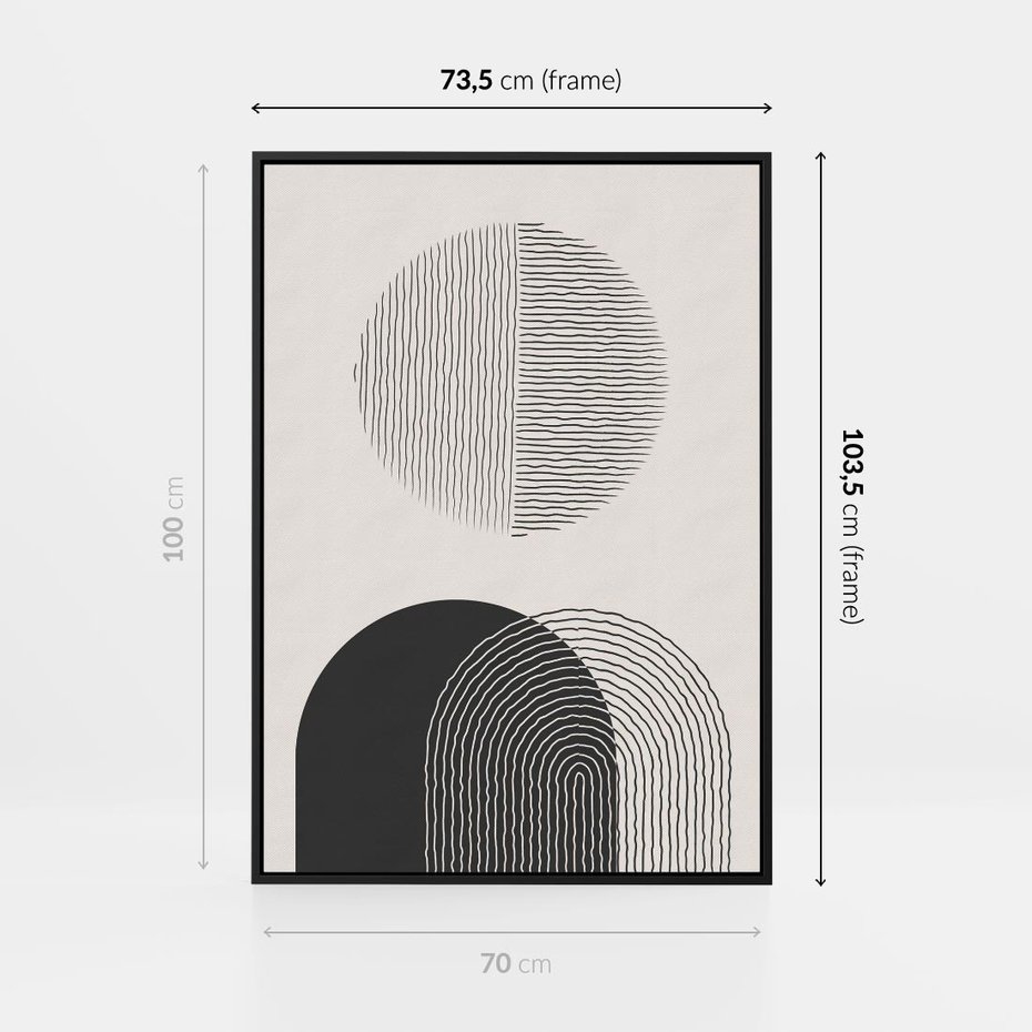 Obraz w ramie 70x100 - Przenikająca Rzeczywistość - abstrakcyjna kompozycja, okręgi i półokręgi - rama czarna