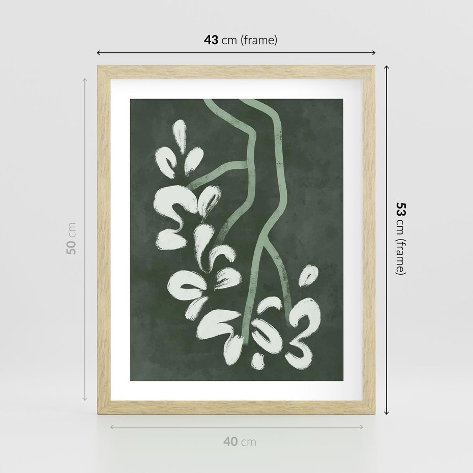 Plakat w ramie 40x50 - Rozkwitające Zielone Gałęzie - abstrakcyjne delikatne zielone linie, podobne do gałęzi kwiatów - rama drewno