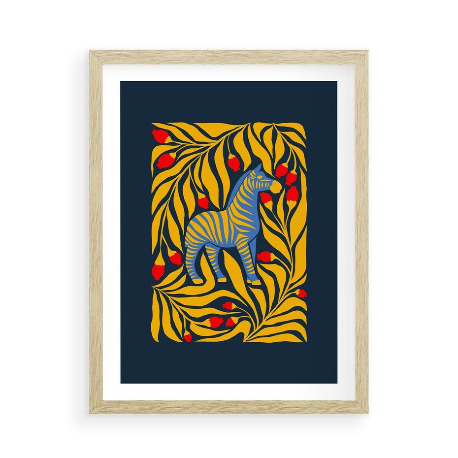 Plakat w ramie 50x70 - Wibracje Wyobraźni - zebra, granatowe tłó - rama drewno