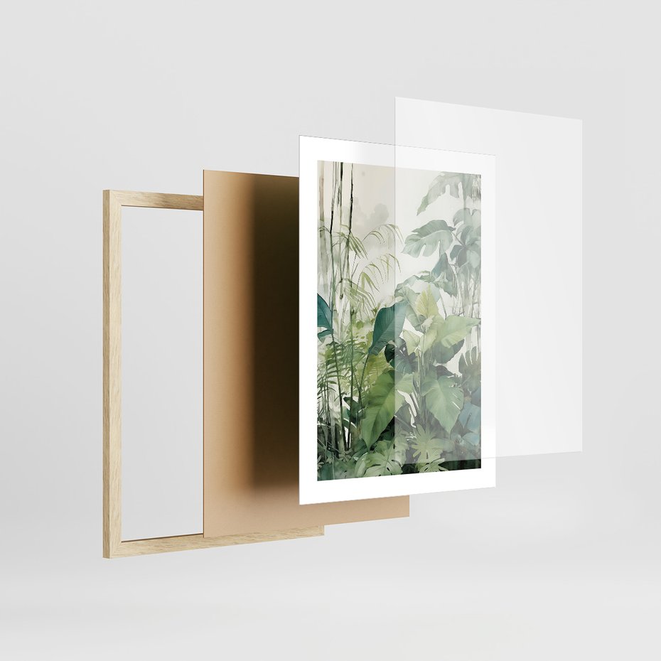 Zestaw obrazy w ramie 50x70 galeria - tropiki, liście, tygrys, papuga, dżungla - rama drewno