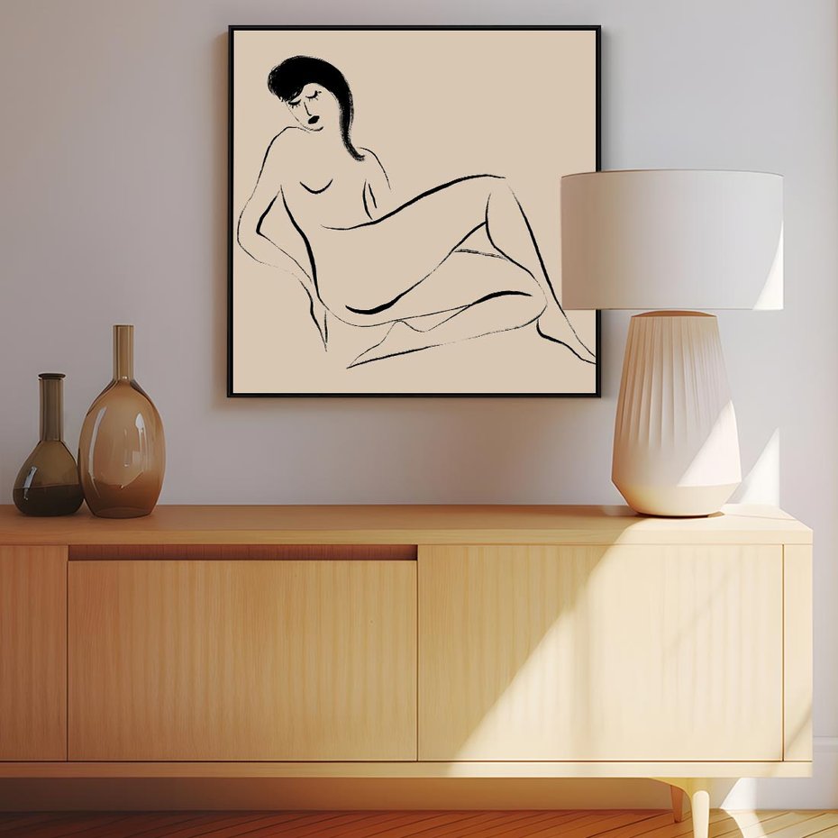 Obraz w ramie 50x50 - Piękno w Minimalizmie - abstrakcyjny rysunek, minimalistyczna kreska - rama czarna