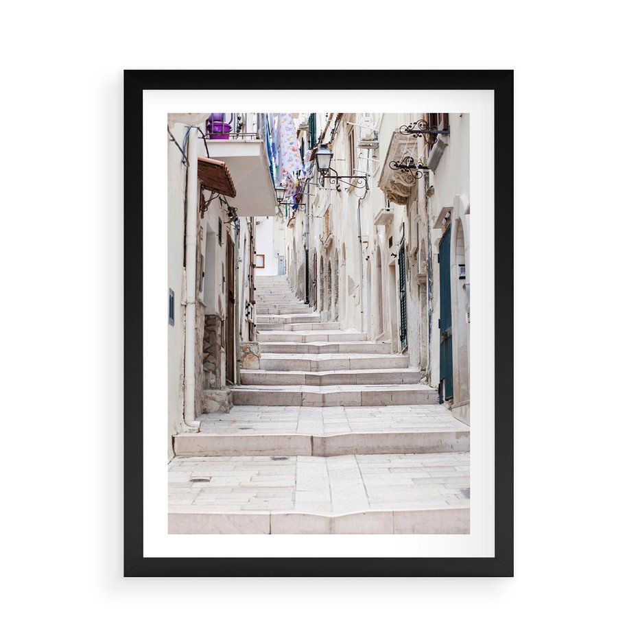 Plakat w ramie 50x70 - Urokliwa uliczka w perspektywie - uliczka, perspektywa - rama czarna