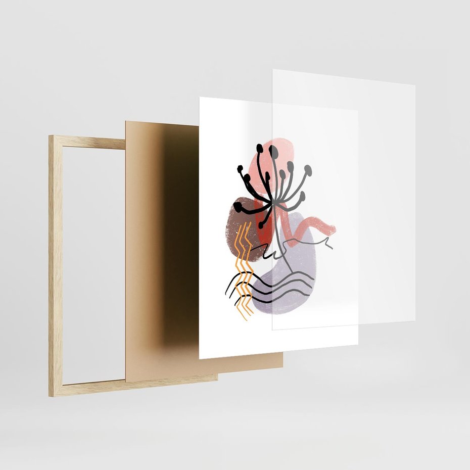 Plakat w ramie 40x50 - Migocące Odsłony - abstrakcyjna sztuka, liść dmuchawiec - rama drewno