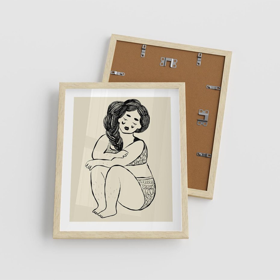 Plakat w ramie 40x50 - Migotliwe Refleksje - nowoczesny minimalistyczny rysunek, dziewczyna w bieliźnie - rama drewno