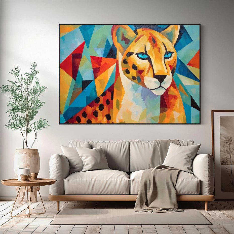 Obraz w ramie 70x50 - Dzikie Piękno - abstrakcyjny portret geparda, intensywne kolory - rama czarna