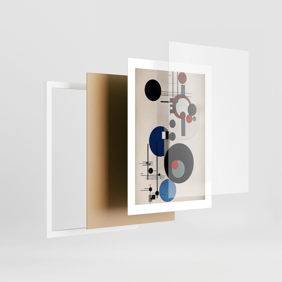 Plakat w ramie 30x40 - Rozkwitające Wibracje Wyobraźni - abstrakcyjna geometryczna kompozycja, koła linie - rama biała