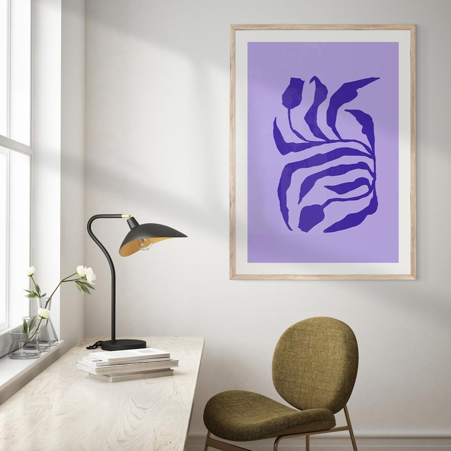 Plakat w ramie 30x40 - Boho Sztuka Wolności - kwiaty, energetyczne fioletowe tło - rama drewno