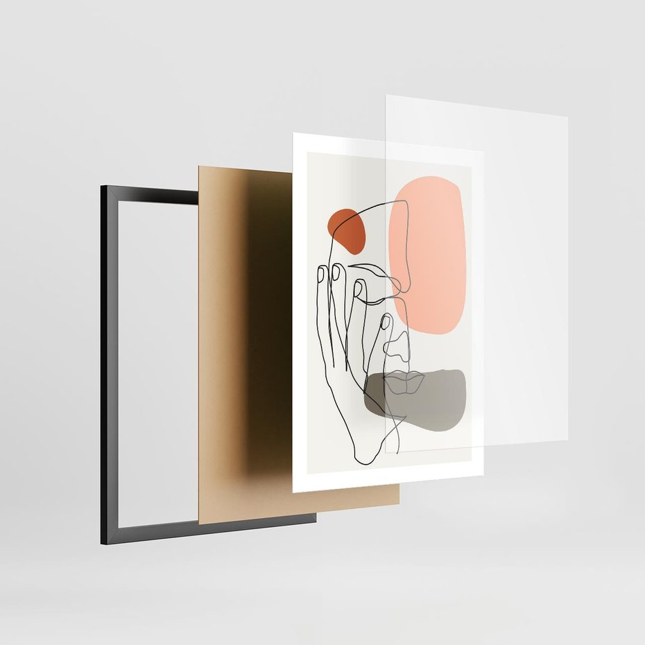 Plakat w ramie 50x70 - Ekspresja Kolorów: Szkic - one line szkic twarzy, kolorowe plamy - rama czarna