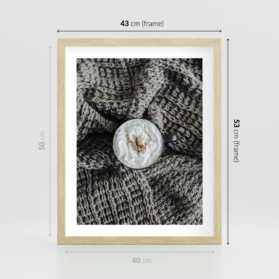 Plakat w ramie 40x50 - Relaks z Kawą i Kocem - ciepły wełniany koc, kawa z bitą śmietaną - rama drewno