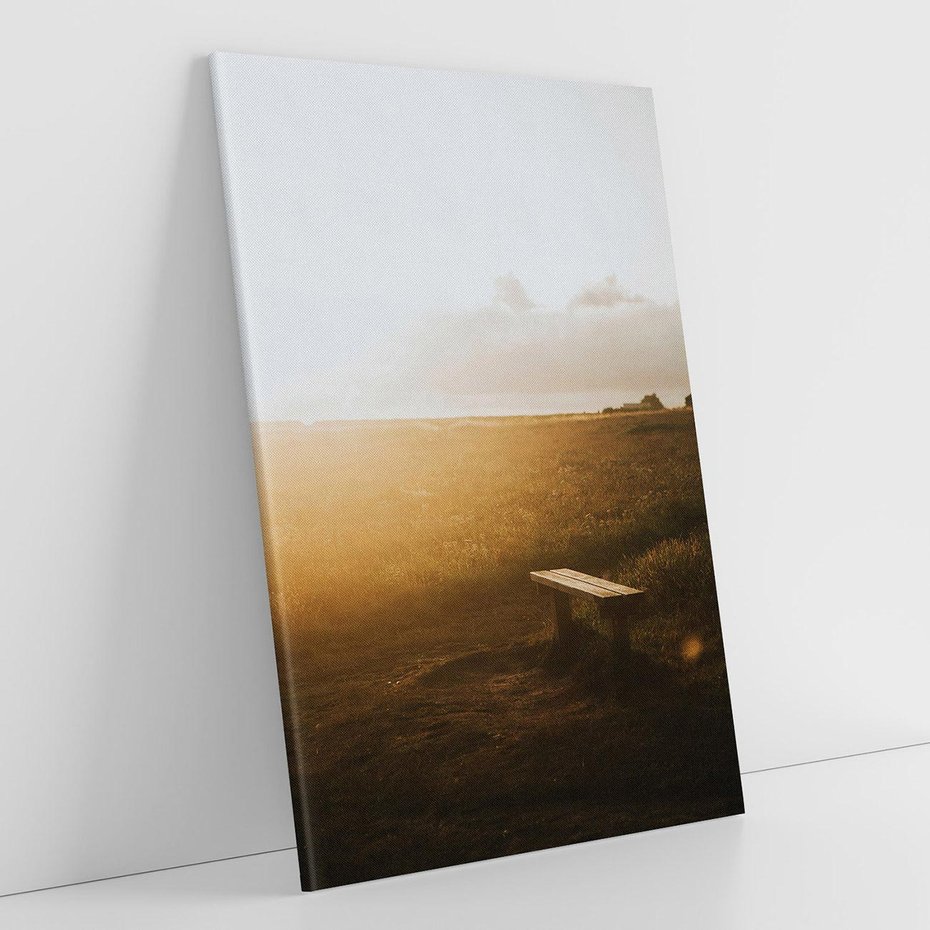 Obraz na płótnie 80x120 - Mglisty zachód słońca na ławeczce - mgła, zachód