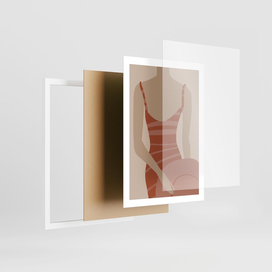 Plakat w ramie 50x70 - Kobiece Retro - minimalistyczny boho plakat, retro kobieta w stroju kąpielowym - rama biała