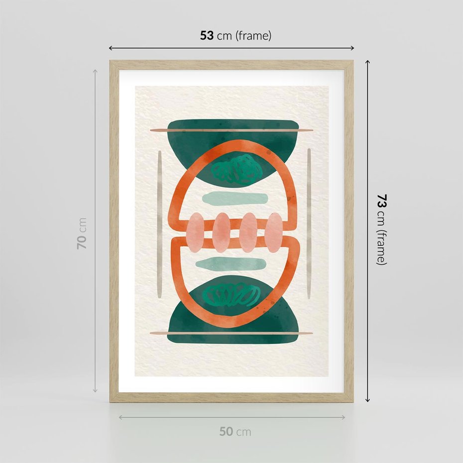 Plakat w ramie 50x70 - Oryginalny obraz abstrakcyjny w nowoczesnym stylu. Geometryczne akwarelowe kształty w intensywnych odcieniach zieleni i pomarańczu. Doskonała dekoracja dla miłośników sztuki. - abstrakcyjny obraz, sztuka nowoczesna - rama drewno