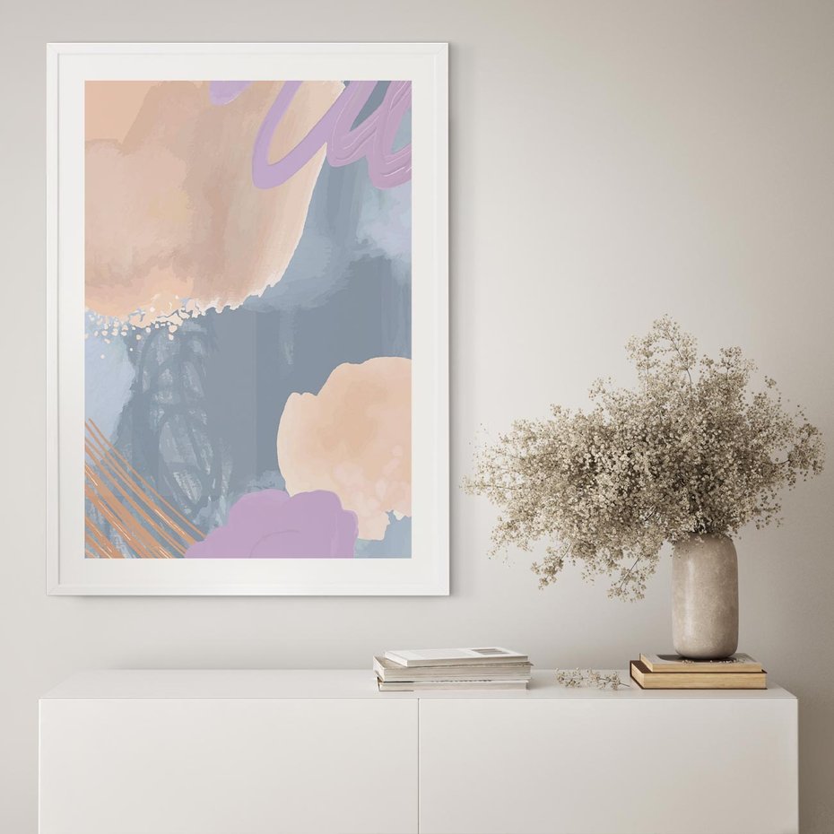 Plakat w ramie 50x70 - Rozmyte Akwarelowe Marzenia - abstrakcyjne akwarelowe plamy, pastele - rama biała