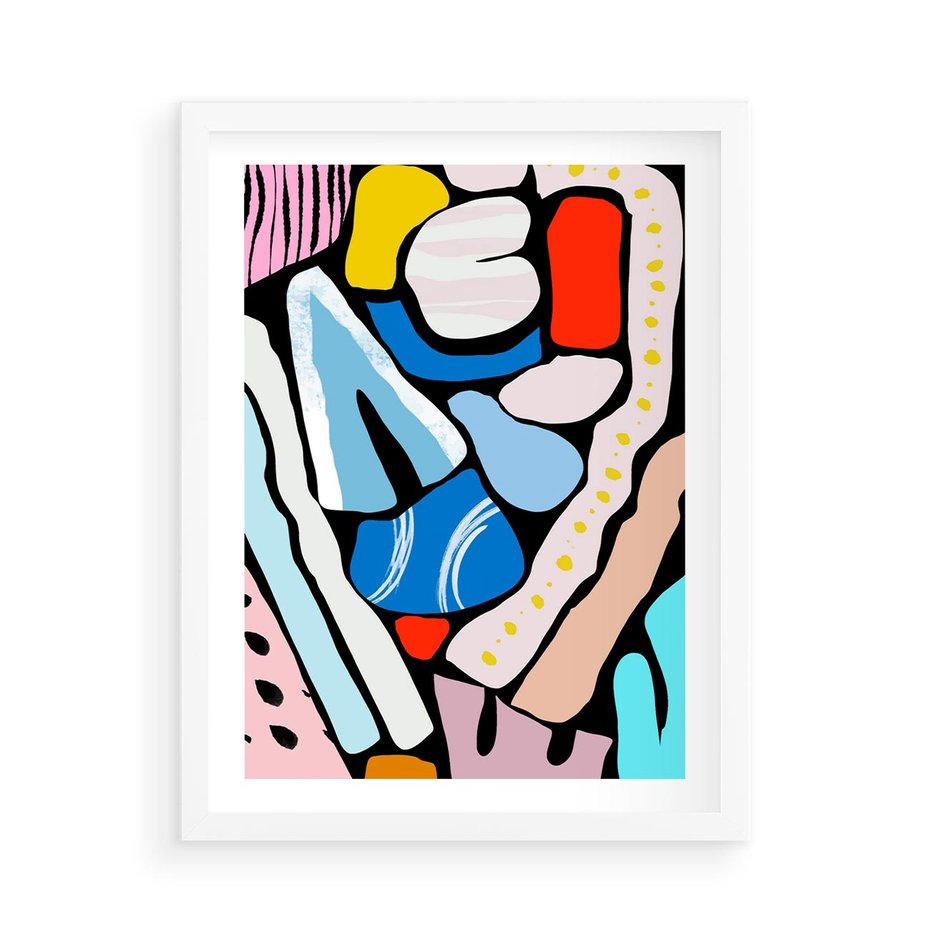 Plakat w ramie 50x70 - Kolory Na Czerni - abstrakcyjne formy, komiksowy styl - rama biała