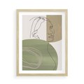 Plakat w ramie 50x70 - Jedna Linia, Wiele Emocji - akwarelowe plamy, na nich szkic postaci kobiety jedną linią - rama drewno