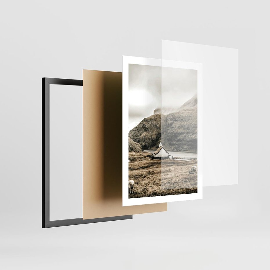 Plakat w ramie 50x70 - Kościół na Wzgórzu: Sepia Nostalgii - kościół w górach, na wzgórzu - rama czarna